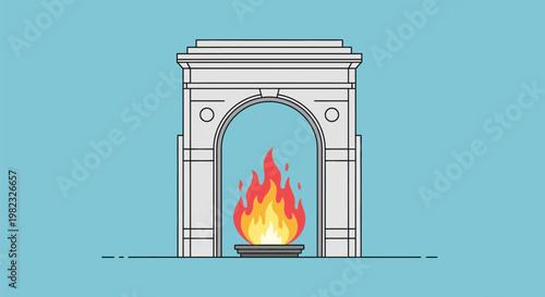 Minimalist vector illustration of an eternal flame inside a stone arch monument.