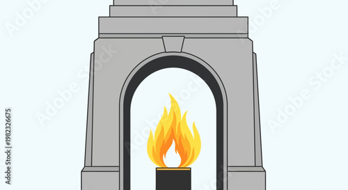 A symbolic stone memorial arch with an eternal flame burning inside.