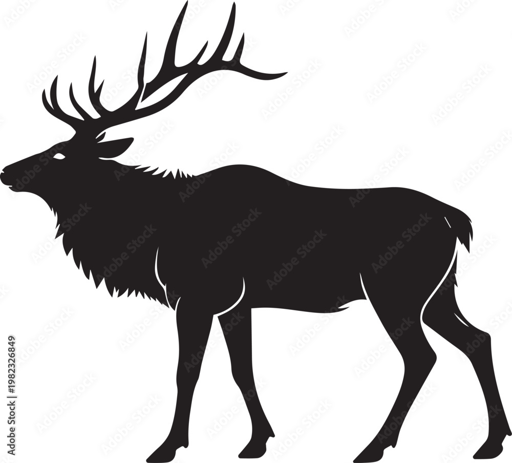 Obraz premium dramatic black and white elk silhouette in misty forest vector illustration