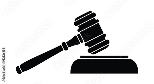 A black and white illustration depicts a gavel resting on a sound block symbolizing justice