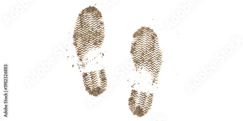 A pair of muddy shoe prints showing a distinct tread pattern isolated on a plain white background