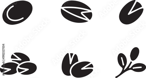 Set of pistachio nut icons in black silhouette style including whole shells half opened kernels and botanical branches for food design