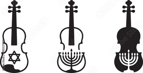 Violin with Star of David, violin with Menorah, violin silhouette with Menorah, musical instruments and religious symbols