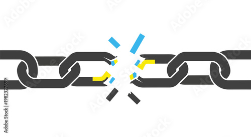 A conceptual illustration of a broken metal chain isolated on white.