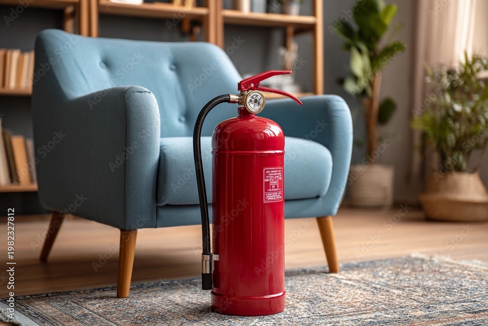 Obraz premium Safety equipment placed near a chair in a living room with a bookshelf and plants in the background