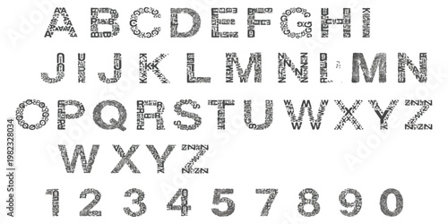 A complete set of letters and numbers composed of smaller characters in a creative typography style