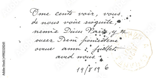 A close up view of antique french handwritten cursive text on a textured aged paper background