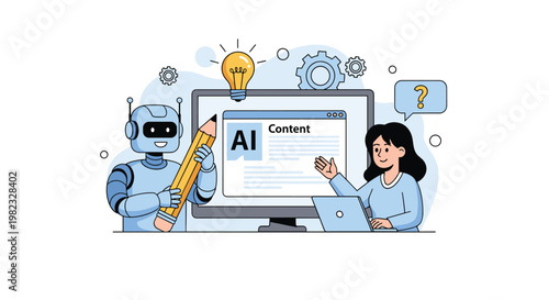 Human female creator and friendly robot collaborator work together on digital content creation using artificial intelligence technology.