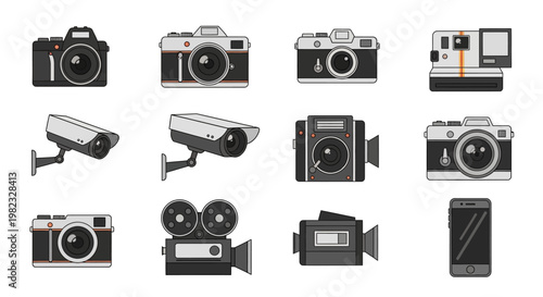 Collection of camera icons photographic equipment and surveillance devices