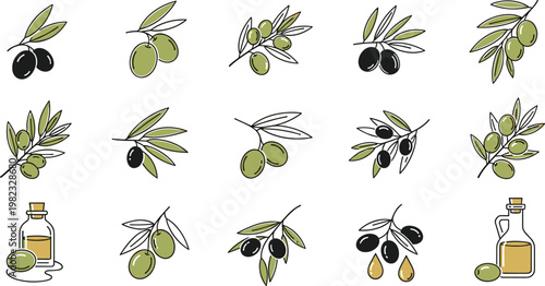 Olive and Olive Oil Icon Set with Green and Black Olives, Olive Branches, and Oil Bottles for Culinary and Organic Concepts