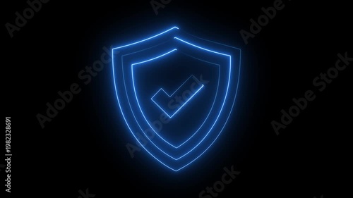 Glowing neon shield with checkmark icon, blue security protection symbol for data safety.