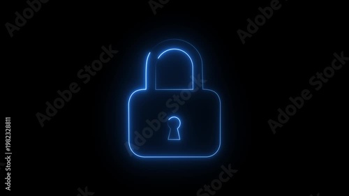 Glowing neon padlock icon in blue, secure lock symbol for privacy protection and data security.
