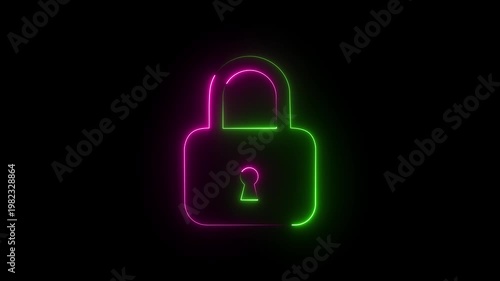 Neon padlock icon in pink and green glow, secure lock symbol for privacy and data protection.