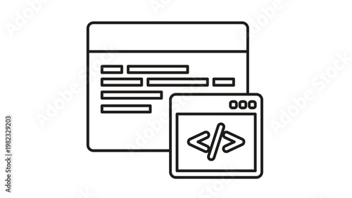 Minimalist web development and programming vector icon illustration featuring browser windows with source code symbols, representing software engineering, website design, and coding concepts.
