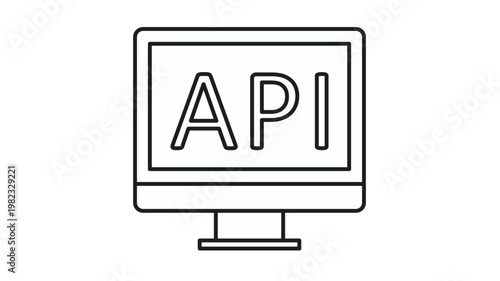 Black line art vector icon of a computer monitor displaying the text API, symbolizing application programming interface, software development, web services, and digital integration.