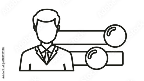 Businessman with Slider Bars Vector Icon Illustration. Black Line Art Symbol Representing User Profile Settings, Performance Metrics, Personal Customization, and Professional Adjustment Controls.