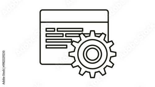 Minimalist black vector icon illustration of a computer browser window with a gear symbol, depicting software configuration, web development, system settings, and technical optimization.