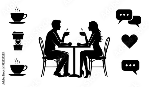 Cafe date silhouette vector set couple coffee table conversation illustration