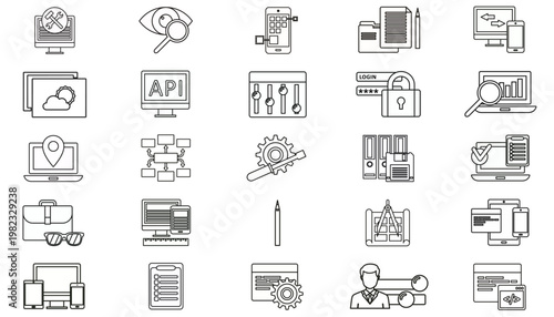 25 Vector Icon Set Collection Bundle of Black Line Symbols for Business, Technology, Web Development, SEO, Data Analysis, Security, UI/UX Design, Office Management, and Technical Support Services.