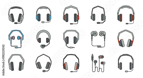 Collection of various illustrated headphones and headsets with microphone