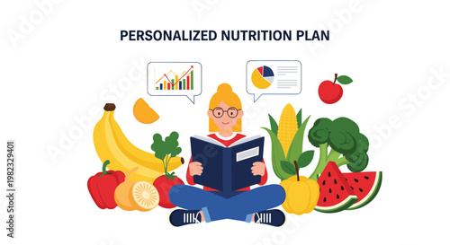 Young woman with glasses reads informative book about nutrition while sitting surrounded by variety of fresh healthy fruits and vegetables.