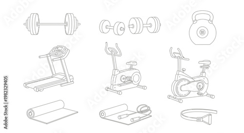 Gym equipment vector set dumbbells treadmill exercise bike kettlebell