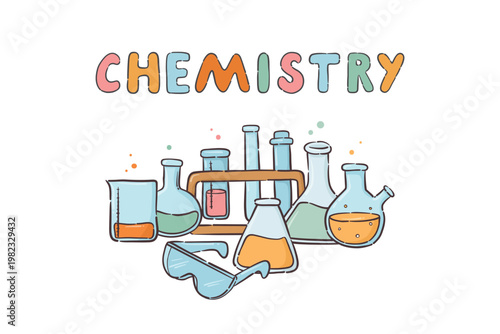 Chemistry doodles, laboratory flasks and equipment cartoon elements for prints, cards, posters, banners, stickers, etc. Back to school theme. EPS 10