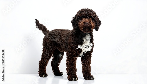 Brown curly-haired dog with white chest patch, standing on a reflective white surface, against a blurred light background