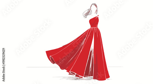 Fashion of a woman wearing a flowing red one shoulder evening gown with a leg slit on a white background