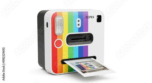 Modern instant camera with rainbow stripes isolated on white backdrop