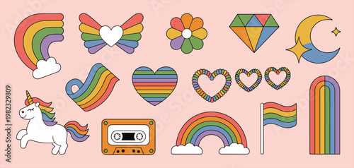 Set of retro rainbow stickers featuring a unicorn heart shapes cassette tape flower diamond moon and clouds on a light pink background