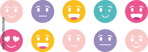 Set of ten colorful circular emoji featuring various facial expressions including smiling neutral winking and heart eyes in pink yellow purple and teal shades on a white background