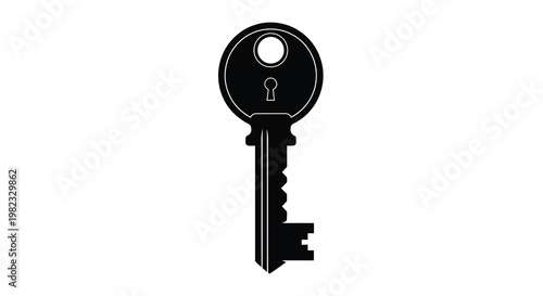 A simple black silhouette depicts a traditional metal key with a circular head and toothed blade