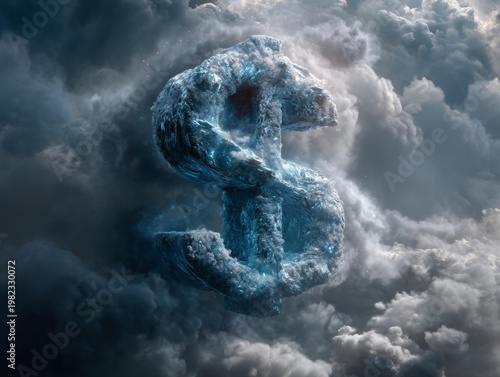 Crystal dollar sign floating in stormy clouds