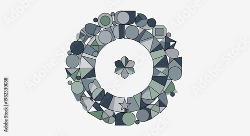 Abstract circular composition of geometric shapes in blue and grey.