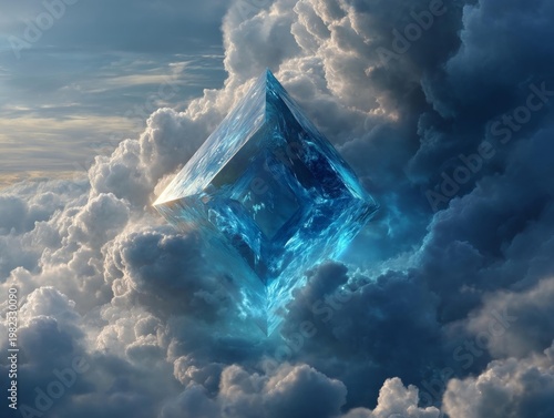 glowing blue crystal pyramid floating in clouds