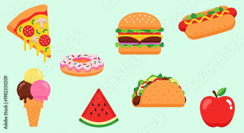 Assorted fast food and desserts illustrations on a light green background