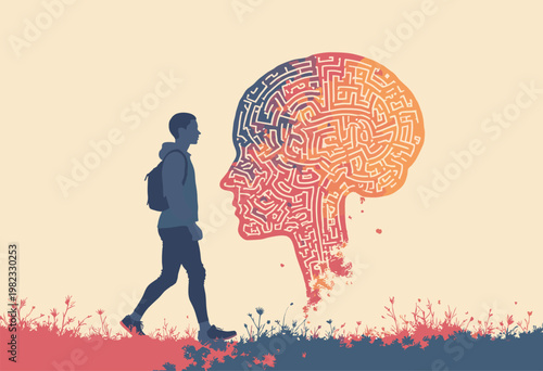 clean double exposure poster silhouette person walking forward Inside silhouette is impossibly complex, twisting geometric labyrinth Navigating mind concept Minimalist layout Space copy No text