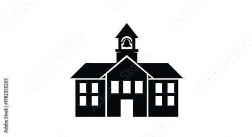 Simple black silhouette of a classic schoolhouse with a prominent bell tower
