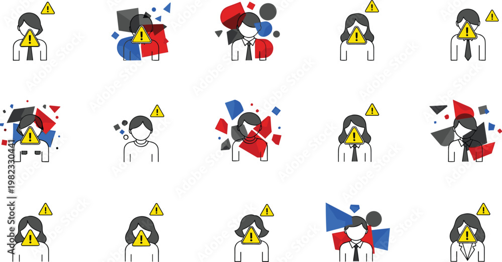 Fototapeta premium Warning and Stress Icons Set Featuring Alert Symbols and Fragmented Designs for Websites, Apps, and Digital Media