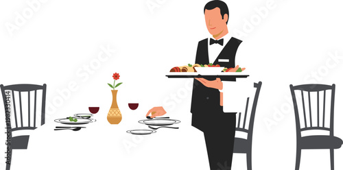 Waiter Serving Food at Table Icons Set Featuring Fine Dining, Table Setup, and Professional Service for Websites, Apps, and Digital Media