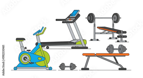 Gym equipment illustration treadmill exercise bike weights and bench