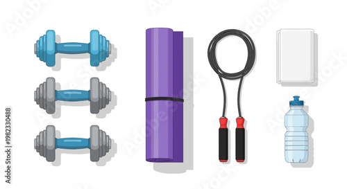 Fitness equipment illustration with dumbbells yoga mat jump rope and water bottle