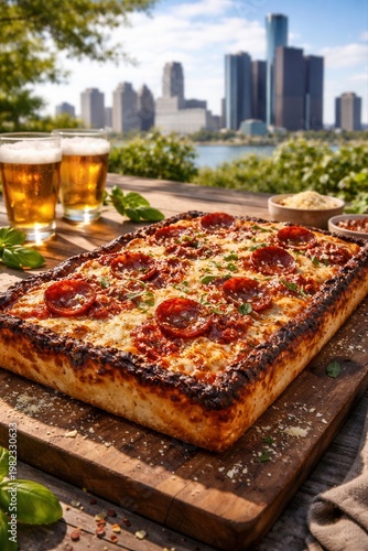 Detroit Style Pizza auf Holzbrett vor Skyline
Frische rechteckige Detroit Style Pizza mit Peperoni, Käse und Tomatensauce vor moderner Skyline und Wasserblick.