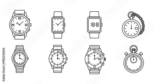 Collection of modern watch designs in line art style for time concept