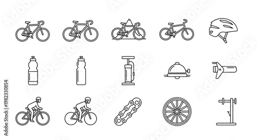 Bicycle and cycling gear icons set on white for design and illustration