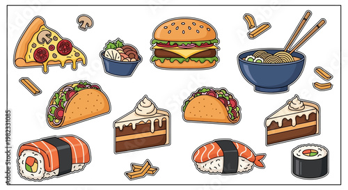 Assorted illustrated food items pizza burger sushi tacos cake noodles vector