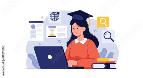 Young female student in graduation cap studies online using laptop surrounded by various educational icons and academic resources.