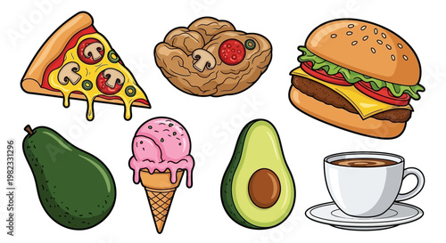 Assortment of food items pizza burger avocado ice cream and coffee illustration