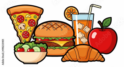 Assortment of various fresh food items including pizza burger salad and drink